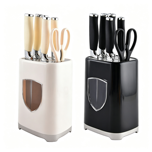 Juego de 6 cuchillos de cocina con hojas afiladas de acero inoxidable, mango antideslizante de PP, bloque de cuchillos con drenaje, paquete en caja de color para supermercado. - Product Image 1