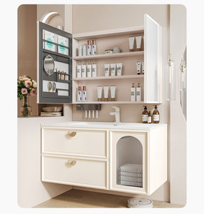 French Cream White <b>Floating</b> Bathroom Vanity Solid Wood Cabinet with Smart LED Mirror Integrated Sink - Product Image 4