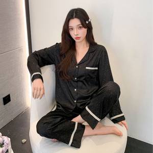 Conjunto de Pijama de Seda Helada para Mujer, Negro, Casual, para Descansar, con Cintura Elástica, Manga Larga, Cárdigan, Ropa de Dormir, Lujo Ligero, con Brillo y Estampado Animal - Product Image 4