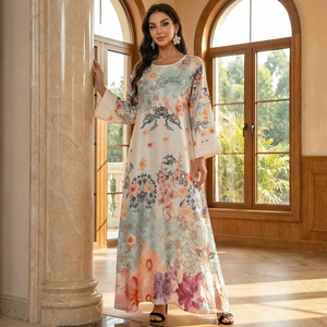 Vestido Maxi de Lujo con Estampado Floral y Cuentas para Mujer, Elegante Abaya con Perlas y Corte en A, Vestido de Fiesta Modesto Hecho a Mano para Eid al-Adha - Product Image 1