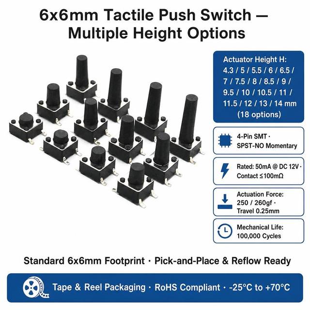 In Stock 6x6mm SMD Tact Switch 4Pin Surface Mount Tactile Push Button SPST Momentary 50mA 12VDC for Remote Control PCB Assembly