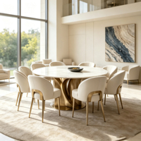 Ensemble de table à manger ronde en marbre avec base en métal doré et chaises en cuir crème pour salle à manger de villa