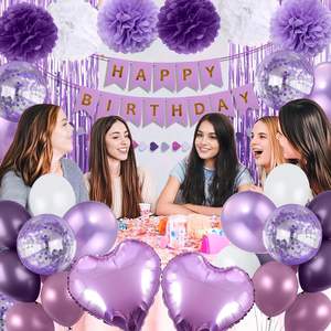 Ballons de fête d'<span class=keywords><strong>anniversaire</strong></span> blancs et violets pour femmes et filles, bannière <span class=keywords><strong>Joyeux</strong></span> <span class=keywords><strong>Anniversaire</strong></span>, rideaux à franges en aluminium, ballons, pompons en papier de soie - Product Image 5