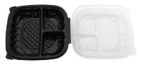 Wegwerp plastic bakje met 3 compartimenten, zwart transparant, scharnierend, voor afhaalmaaltijden/clamshell verpakking