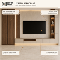 Meuble TV mural moderne de luxe léger en bois massif avec panneau en pierre gris chaud, rangement en noyer, meuble multimédia flottant pour villa OEM