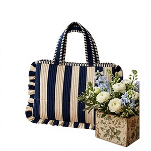Style De Maison <b>Corduroy</b> Striped Block Printed Zipper Closure Vintage Style Shopping Tote <b>Bag</b> Tassels for Women All Seasons - Product Image 2