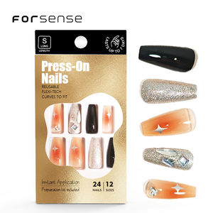 <span class=keywords><strong>Faux</strong></span> ongles 3d Luxury Medium Coffin Press on Nails Emballage personnalisé en métal noir et argent <span class=keywords><strong>Faux</strong></span> ongles à paillettes avec strass - Product Image 1