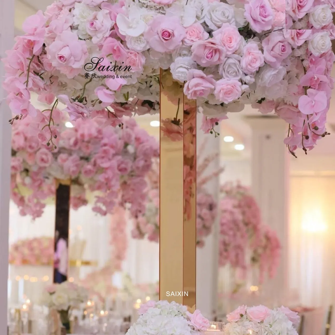 ZT-326 düğün dekorasyon malzemeleri çiçek standı uzun boylu Centerpiece akrilik altın düğün ayna çiçek standı