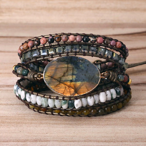 Labradorite Stone Vintage Leather Bracelet <strong>Mix</strong> Stones Beads Women 5 Layers Wrap Bracelet Boho Handmade Bracelet Jewelry Gift - Product Image 1