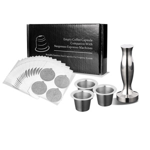 Capsules de café réutilisables en acier inoxydable pour machines Nespresso avec tamper et couvercles en aluminium, écologiques, lot de 3 - Product Image 1