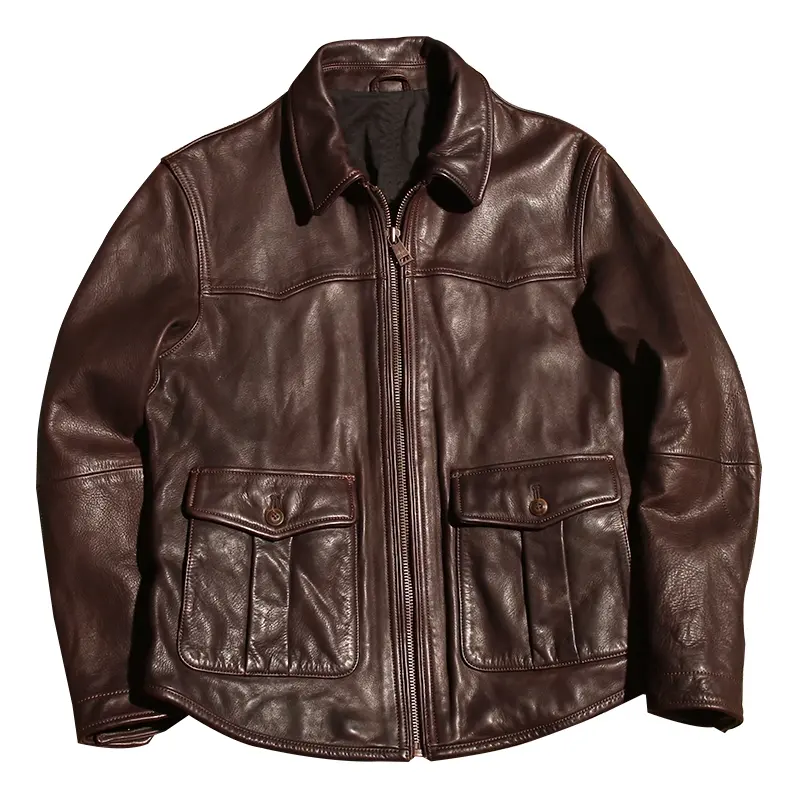 Cowhide Japanese overalls jacket Real leather jacket Vintage lapel short coat