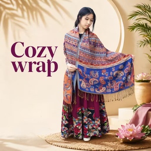 Châles Rétro Élégants en Pashmina pour Femmes, Directement de l'Usine, Magnifiques Écharpes Jacquard à Pompons, Poncho Ethnique Personnalisable - Product Image 1