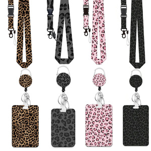 Wholesale pink leopard print badge scroll, brown <b>embossed</b> varnish <b>card</b> holder, 360-degree rotating epoxy easy-pull buckle. - Product Image 1