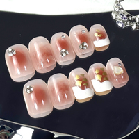Faux ongles carrés courts scintillants, style français, rose ombré, en ABS avec diamants artificiels