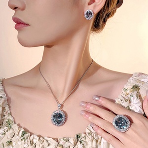 Vintage Eco-friendly Copper Floral Jewelry <b>Set</b> 18*20mm Black Gray Cubic Zirconia Floral Necklace Earring <b>Ring</b> <b>Set</b> for <b>Women</b> - Product Image 4