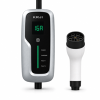 Chargeur EV portable KRJI en argent, station de charge Mode 2 avec prise Type 2, 16A-32A réglable, 3,5kW-22kW, utilisation domestique et extérieure