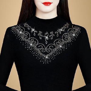 Women's Knit <b>Top</b> Long Sleeve Black Ribbed Semi High Neck Fleece Lined Warm Base <b>Layer</b> Autumn Winter Soft Geometric Pattern - Product Image 2