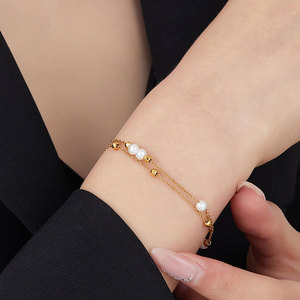 Vintage Waterproof 316l Stainless Steel Custom 18k Gold Plated Double layer <b>Pearl</b> Necklace Bracelet <b>Set</b> <b>Jewelry</b> <b>Sets</b> for Women - Product Image 3