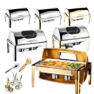 9L Rectangular Roll Top Chafers Stainless Steel Buffet <strong>Server</strong> for Hotel &amp; Restaurant Silver &amp; Gold Finish for Party <strong>Food</strong> Warmer - Product Image 1