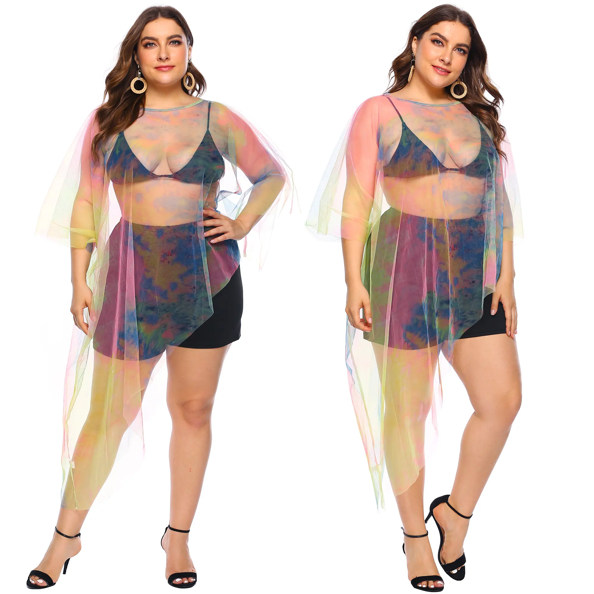 Custom Plus Size Populaire Kleur Mesh Sexy See Through Transparant Beach Bikini Cover Up