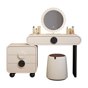 Table de toilette moderne en bois massif, style crème, éclairée, extensible, table de maquillage de chevet, commode à tiroirs pour l'intégration dans un coin - Product Image 5