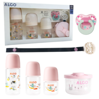 ALGO Ensemble cadeau pour nouveau-né de 6 pièces sans BPA, motif de dessin animé, conteneur pour lait en poudre pour bébé, sucette, ensemble de biberons pour 0-12 mois