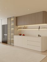 Buffet mural intégré moderne, simple et luxueux, éco-responsable, avec rangement pour salle à manger et cave à vin, en bois massif, garantie 5 ans