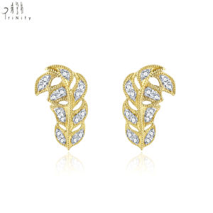 Nouveauté, bijoux fins tendance, design vintage en forme de feuille, véritable or jaune massif 18 carats, véritable diamant naturel, boucles d'oreilles à clous pour femme - Product Image 1