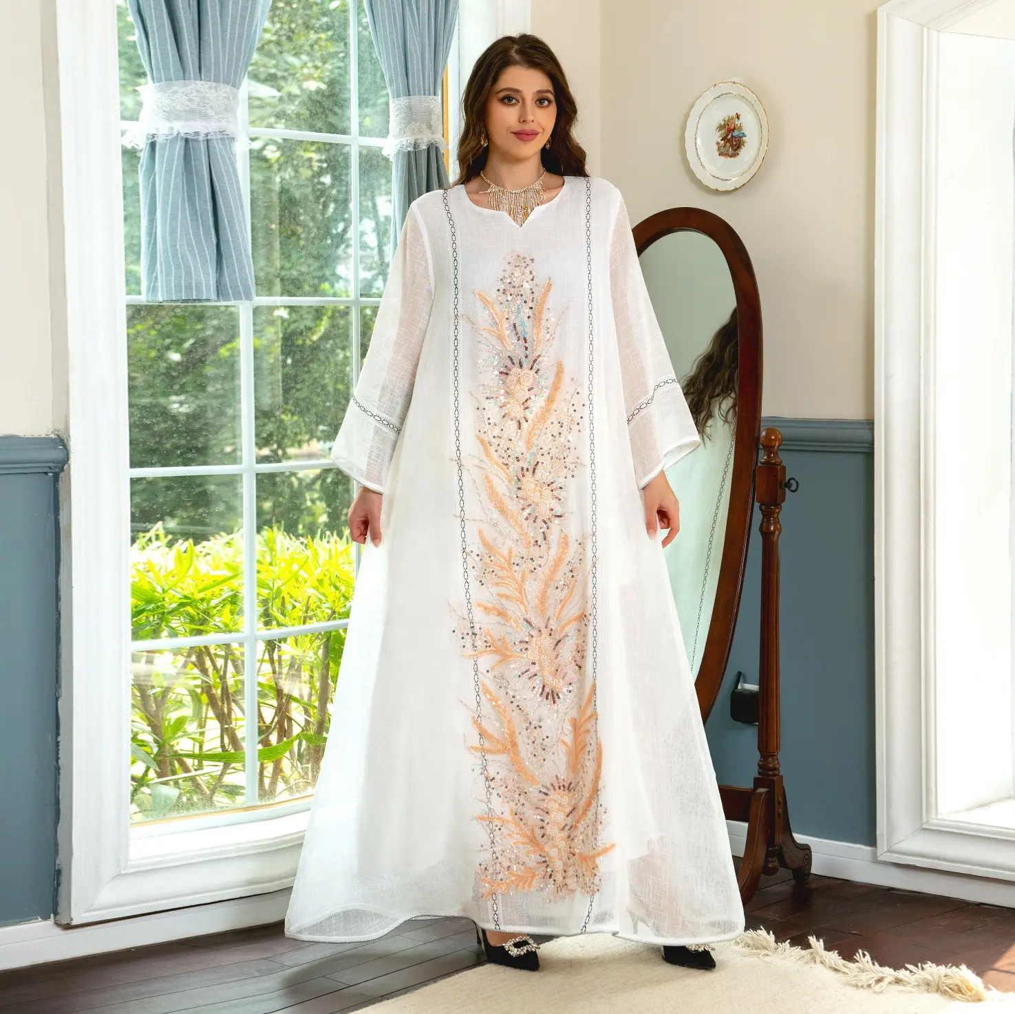 Eid Muarak Ramadan Marokko Feestjurk Moslim Wit Abaya Gebed Pailletten Kralen Jurk Kaftan Gewaad Abaya Dubai Kalkoen Maxi Jurk