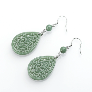 Natural Genuine A-Grade Jadeite Vintage Hollow Engraved <b>Stud</b> <b>Earrings</b> Bean-Shaped S925 <b>Silver</b> <b>Set</b> Jade Ethnic Anniversary Gift - Product Image 3