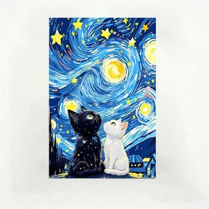Tableau mural moderne rectangulaire sans cadre, motif animaux et fleurs, toile imprimée sur toile, motif chats nuit étoilée, cadre beige minimaliste, pour mariage - Product Image 1