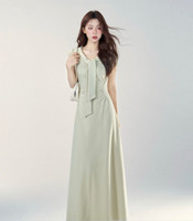 Robe longue élégante pour femme, collection été 2026, col marin, nœud papillon, taille froncée, coupe ajustée, pour soirées décontractées