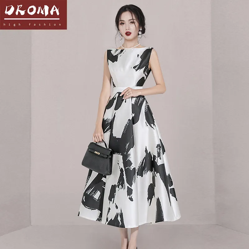 Droma 2023 여름 패션 슬림 라인 민소매 O-넥 흑백 정장 드레스 여성용