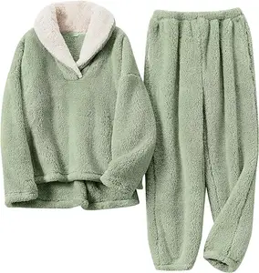 Sunhome Erwachsenen-Schlafanzug 100% Polyester Korallen samt 2-teiliger Pyjama Schlafanzug warmes Schlafanzug-Set