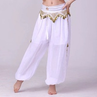 Pantalon sarouel à ourlet ouvert sur le côté de la danseuse du ventre avec bordure dorée et paillettes scintillantes, pantalon à chaîne à la taille pour Halloween arabe