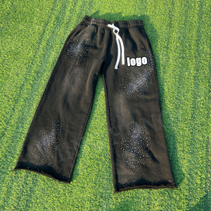 Pantalon de survêtement brut personnalisé avec cordon de serrage lavé à l'acide jambe droite Street Style Rhinestone Baggy - Product Image 5