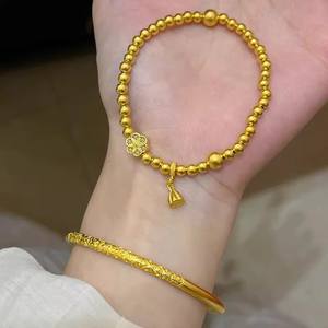Bracelet Ancien Motif Tangcao <span class=keywords><strong>Mots</strong></span> Porte-Bonheur Solide <span class=keywords><strong>à</strong></span> Boucle Fermée Cercle Fin Jaune Jumeau pour Femme - Product Image 3