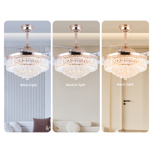 Ventilateur <span class=keywords><strong>de</strong></span> plafond rétractable invisible à LED <span class=keywords><strong>avec</strong></span> lumière et télécommande AIERTEC 42'' Cristaux Lustre 4 pales en ABS Tout en cuivre Moto - Product Image 3