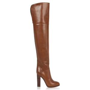 Bottes de chevalier en cuir marron style romain pour hommes et femmes, à talon épais, bout rond, découpe arrière, confortables, bottes d'hiver montantes au-dessus du genou - Product Image 2