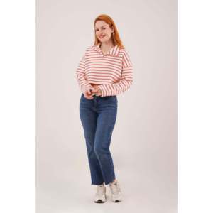 Women's <b>Red</b> Striped Polo Collar <b>Crop</b> Sweatshirt by LUSTRIN - Wholesale Cotton Blend Short Sleeve <b>Top</b> for Casual Wear - Product Image 4