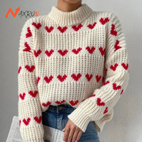 Pull ras du cou tricoté décontracté pour femmes Pull jacquard cœur ample avec broderie sur le devant pour l'hiver et l'automne Service OEM