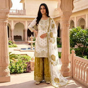 Conjunto de Salwar Kameez Dupatta de Seda GMY con Bordado Floral Blanco, Traje Tradicional Indio para Mujer, Ropa para Bodas y Fiestas - Product Image 1