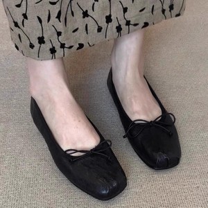 Genuine Leather Square Toe Ballet Flats Black <b>Soft</b> Sole With Bow Women's Slip-On Flat <b>Shoes</b> All Seasons - Product Image 1
