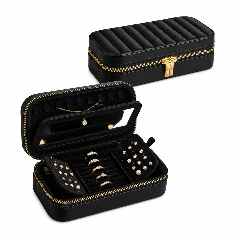 Rectangle Ring Box Wholesale Custom Black Ribbed PU Leather Travel Jewelry Case with ...
