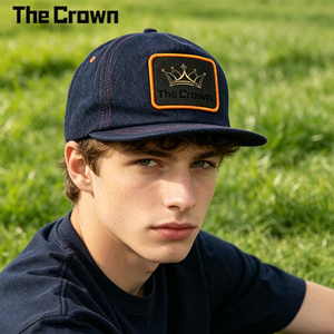 Custom Logo 5 Panel Structured Denim <b>Flat</b> Brim Hat Wholesale Bulk Woven Patch <b>Cap</b> With Single Row Snapback Manufacturer - Product Image 1
