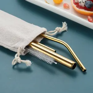 Riutilizzabile in acciaio inossidabile di paglia in oro e brush set con punte in silicone del sacchetto personalizzato