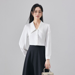 Women's Light Blue Long Sleeve Satin Shirt With Puff Sleeves And Point Collar For Work Wear - Product Image 2