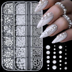 Accesorios de Decoración de Uñas Fáciles de Aplicar, 12 Rejillas, Perlas Blancas Semiredondas, Juego de Piedras de Imitación para Uñas - Product Image 1
