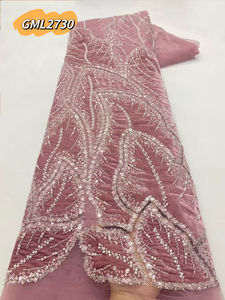 2025 Высококачественная Роскошная бархатная вышивка, свадебные блестки, бисер, кружевная ткань, причудливый узор в виде листьев, бархатная кружевная ткань - Product Image 4