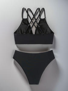 Wholesale <b>Sexy</b> Solid Color V Neck Backless <b>Bikini</b> High Cut 2-Piece <b>Set</b> Swimwear Front Logo Made of Spandex/Nylon Hollow Design - Product Image 5